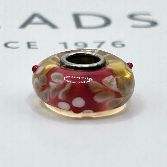 TROLLBEADS UU Pink & Taupe Flower Ferns LAA 925S NEW! w Red Buds - Picture 3 of 6